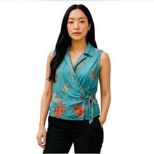Valerie Stevens Silk Wrap Blouse Blue Size M Y2K
